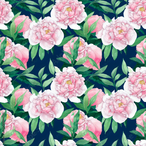 background with painted beautiful peonies. Watercolor floral seamless pattern.