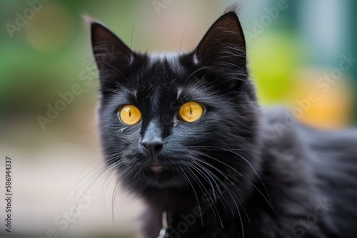 Choose a focus Female Black cat with large yellow eyes. It demonstrates an interest in photography and a blurred background. Generative AI © AkuAku