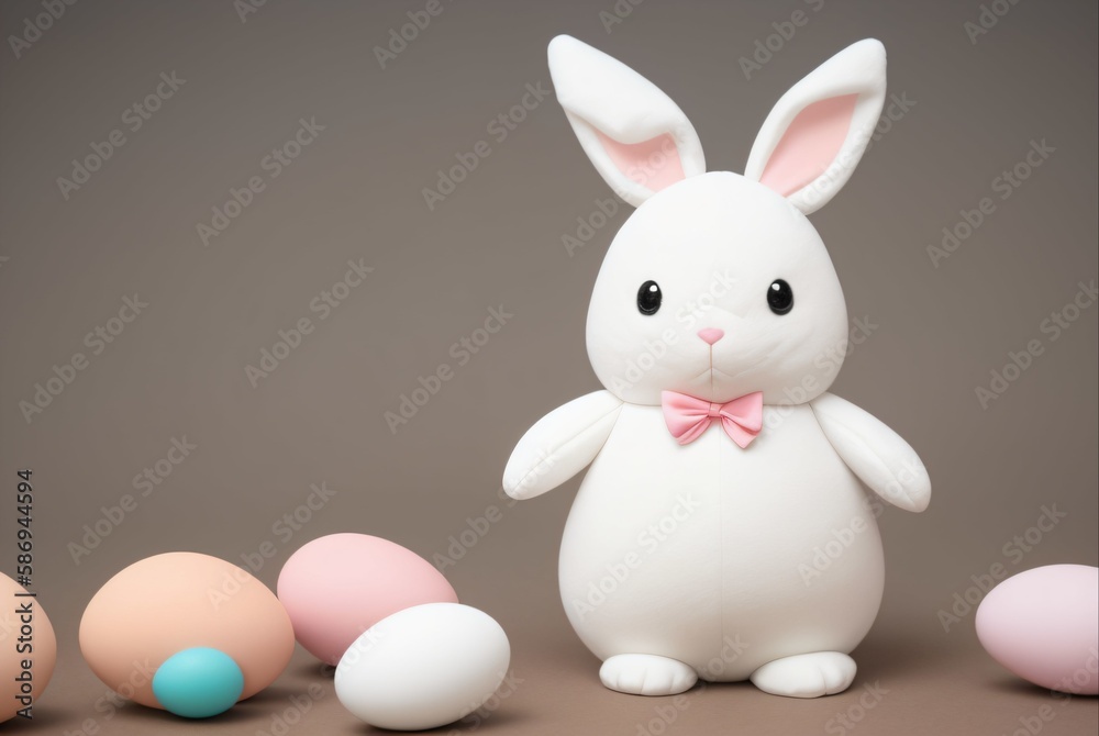 stuffed easter bunny surrounded by colorful eggs