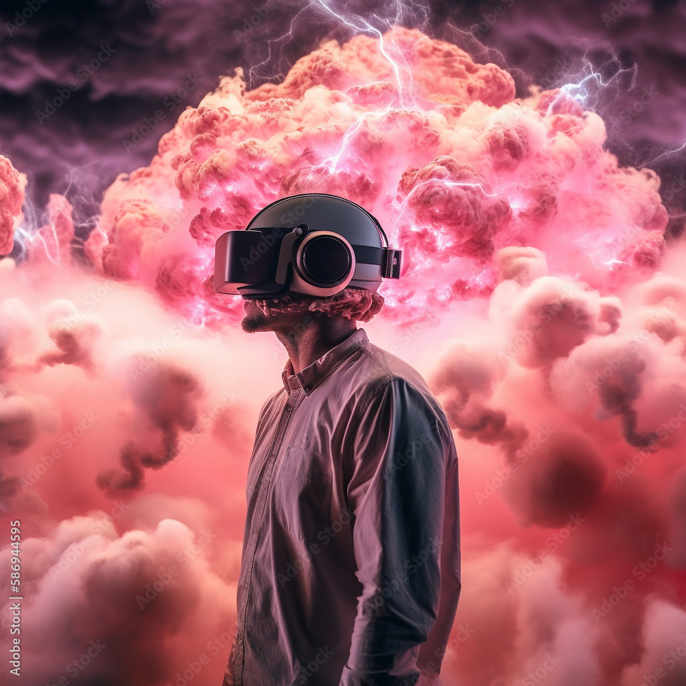 Young man using virtual reality headset. VR glasses, futuristic, technology, online education, education, video game concept. Generative AI.