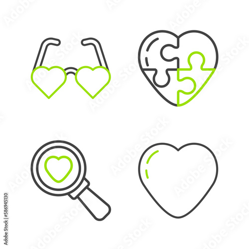 Set line Heart, Search heart and love, and shaped glasses icon. Vector