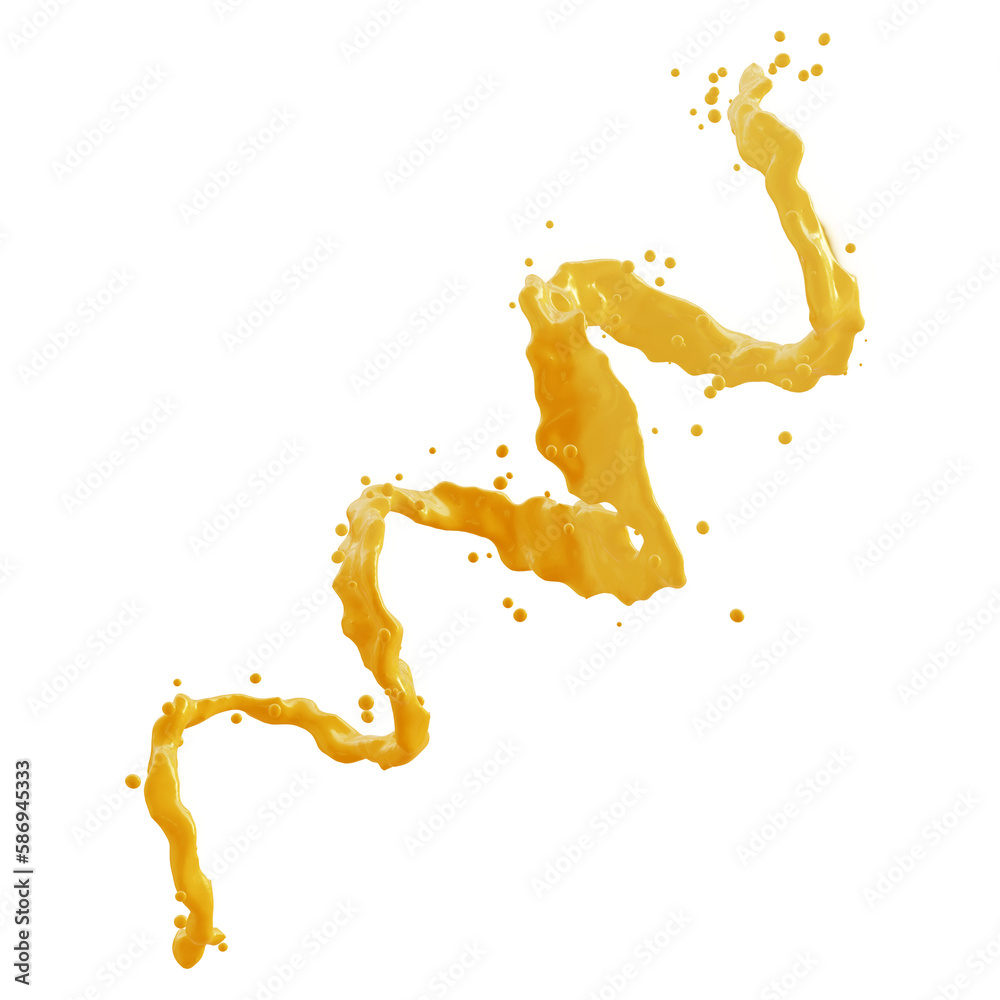 Spiral-shaped orange juice splash isolated on transparent background. 3D rendering