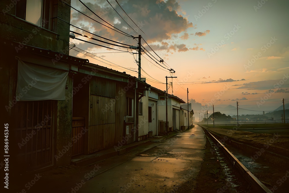 Gloomy streets, house buildings sky with dark clouds created with generative AI. Gloomy streets, house buildings sky with dark clouds created with generative AI.