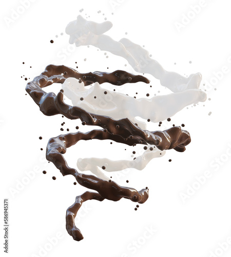 Liquid chocolate and milk swirl splash isolated on transparent background. 3D rendering