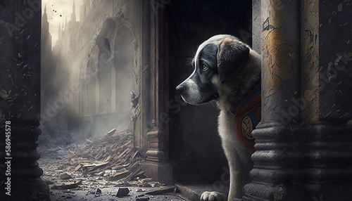 picture of a sad dog in the ruins © Sndor