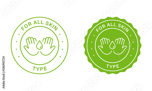 Cosmetic Beauty Natural Products For All Skin Types Stamps Set. Guaranteed Dermatology Sensitive Skin Care Green Label. Moisturizing Cosmetics For All Skin Types Icons. Isolated Vector Illustration