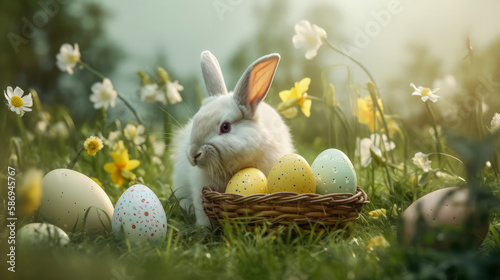 White rabbit sitting in front of colorful easter nest on sunny day, Generative AI