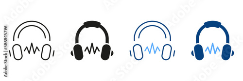 Audio Book and Ebook Color Icons. Headphone Silhouette and Line Icon Set. Online Education and Learning Concept. Distance Education Symbol Collection. Earphone Pictogram. Isolated Vector Illustration