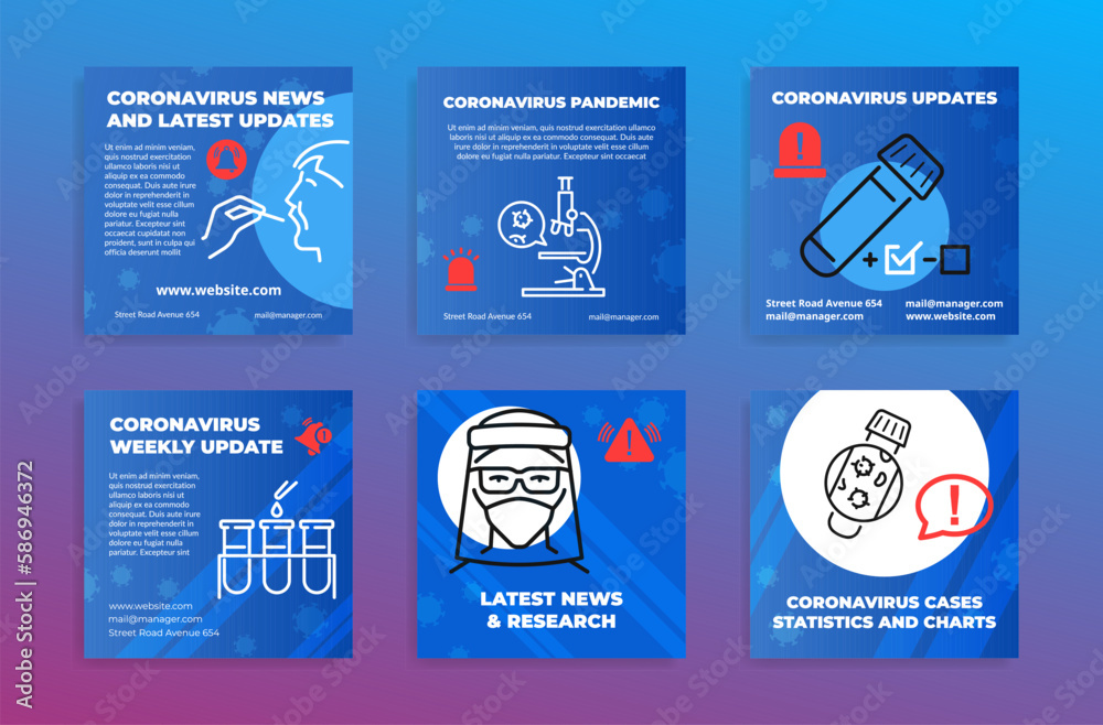 Coronavirus news latest update pandemic research statistic poster design template set vector