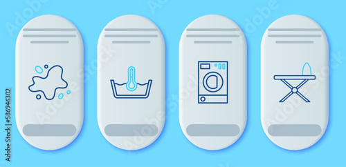 Set line Temperature wash, Washer, Water spill and Iron and ironing board icon. Vector