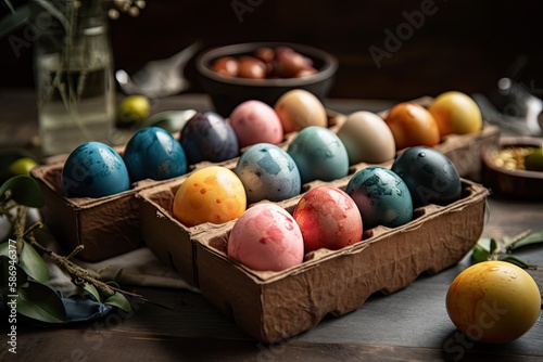 carton filled with vibrant  colorful Easter eggs. Generative AI