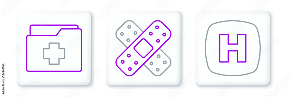 Set line Hospital signboard, Patient record and Crossed bandage plaster icon. Vector Set line Hospital signboard, Patient record and Crossed bandage plaster icon. Vector