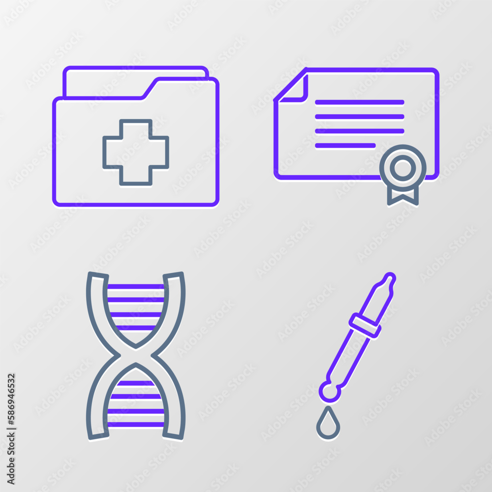 Set line Pipette, DNA symbol, Certificate template and Patient record icon. Vector