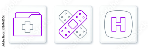 Set line Hospital signboard, Patient record and Crossed bandage plaster icon. Vector