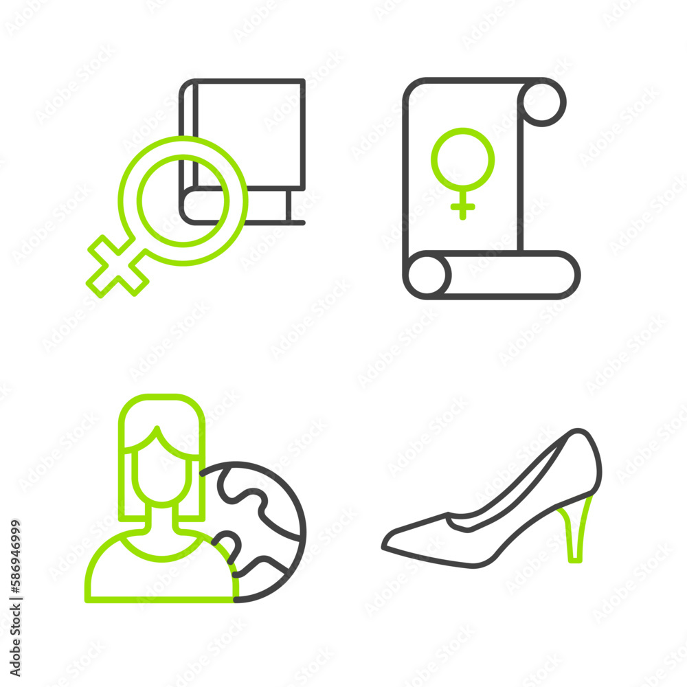 Set line Woman shoe, Women from different countries, Feminism and Book about women icon. Vector Set line Woman shoe, Women from different countries, Feminism and Book about women icon. Vector
