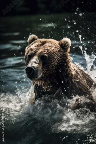 brown bear swimming in water Generative Ai © Magaritas