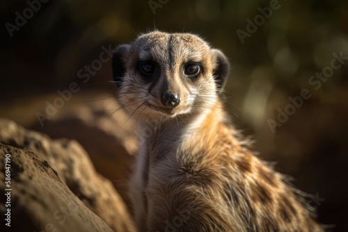 a meerkat on a rock in selective focus. Generative AI