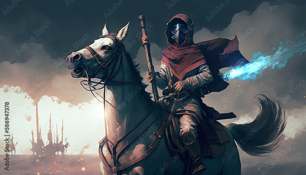 Fototapeta premium apocalypse warrior in a cloak with gas mask holding a gun sitting on horseback, digital art style, illustration painting, Generative AI
