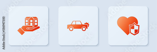 Set Car, House in hand and Life insurance with shield. White square button. Vector