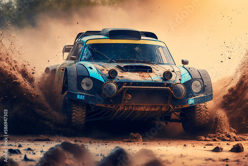 Off road vehicle coming out of a mud hole hazard, mud and water splash in off-road racing. Generative AI
