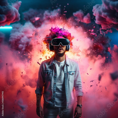 Young man using virtual reality headset. VR glasses, futuristic, technology, online education, education, video game concept. Generative AI.