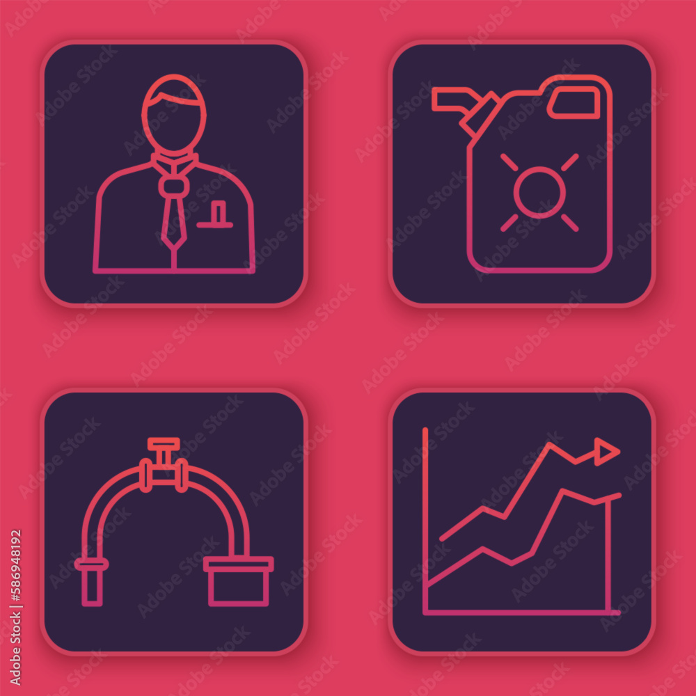 Set line Businessman or stock market trader, Industry pipe and valve, Canister for motor oil and Oil price increase. Blue square button. Vector Set line Businessman or stock market trader, Industry pipe and valve, Canister for motor oil and Oil price increase. Blue square button. Vector