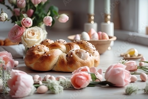 table set with beautifully decorated pastries and fresh flowers. Generative AI