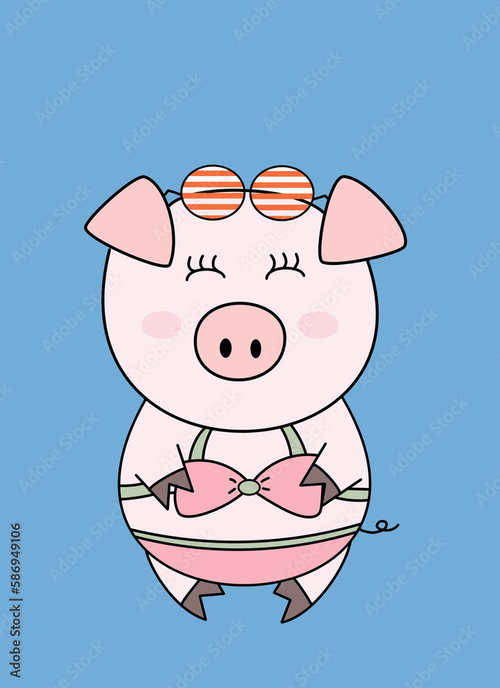 Cute Piggy wear bikini on blue background Cute Piggy wear bikini on blue background