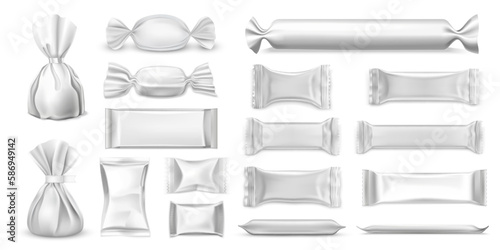 Realistic wrap or pack for food packaging. Set of isolated wrapper for sugar and confectionary. Sachet for salt and bag for sweet. Mockup and closeup products for snack packing, retail theme.