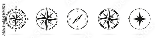 Compass Silhouette Icon Set on White Background. Navigational Direction to North, South, West, East Symbol. Rose Wind Glyph Pictogram. Navigation Equipment Solid Sign. Isolated Vector Illustration