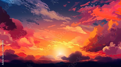 Illustrated sky with clouds, sun, stars, and sunrise or sunset. Artistic digital drawing. Atmospheric and dreamlike. Generative AI