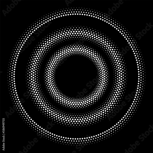 Abstract halftone dotted circles advertising background. Ripple optical illusion effect. White creative halftone circle polka dots vector.