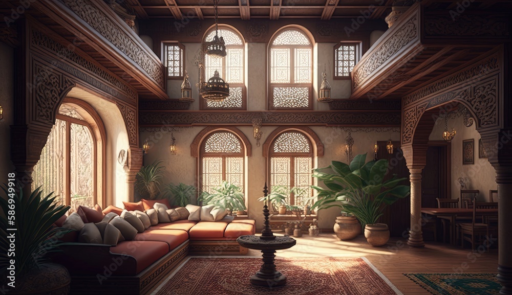 Experience the beauty and grandeur of Arabian culture with this ultrarealistic 8k interior. Immerse yourself in luxurious fabrics, intricate designs, and stunning architecture. Generated by AI.