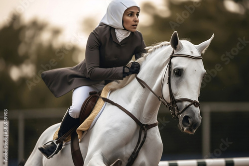 Young woman muslim petting horse in field, generative ai