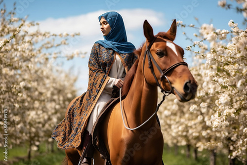 Young woman muslim petting horse in field, generative ai © jambulart