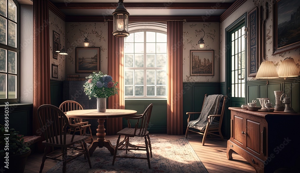 English country interior showcases the beauty of natural materials like wood and stone, with a focus on comfort and functionality. Generated by AI.