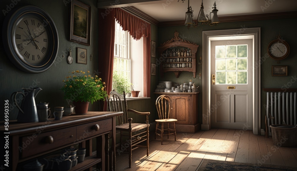 English country interior features a blend of vintage and modern elements, creating a space that is both nostalgic and current. Generated by AI.
