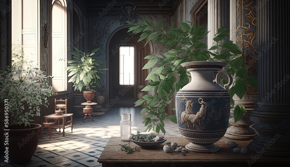 Greek interior boasts a stunning blend of traditional and contemporary elements, with bold colors, intricate patterns, and exquisite details. Generated by AI. Greek interior boasts a stunning blend of traditional and contemporary elements, with bold colors, intricate patterns, and exquisite details. Generated by AI.