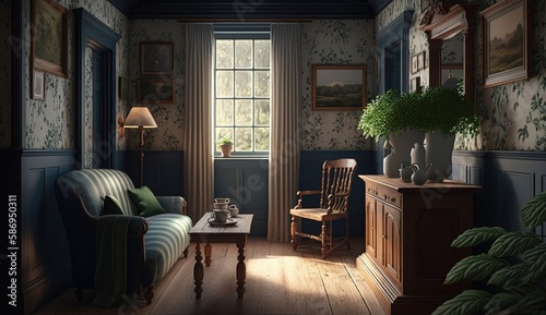 English country interior exudes classic charm with traditional furniture, floral patterns, and muted colors. Generated by AI.