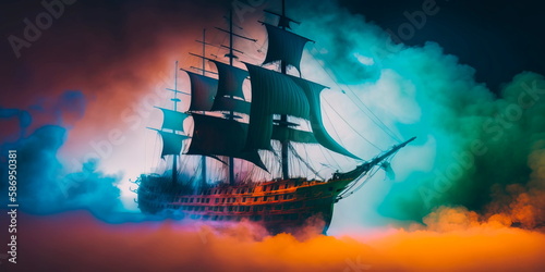 Haunted ship emerging from the mist Generative AI