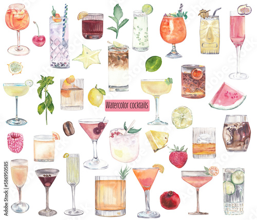 Cocktails and ingredients watercolor illustrations Set of drinks Restaurant bar menu, hand painted alcoholic drinks. Fruits and herbs Food Cooking Recipe design elements Pina colada, Aperole spitz