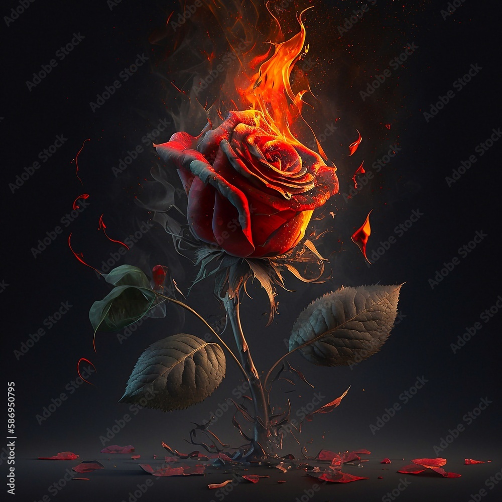 The petals of a single roses burns on top of a pile of ashes and embers ...