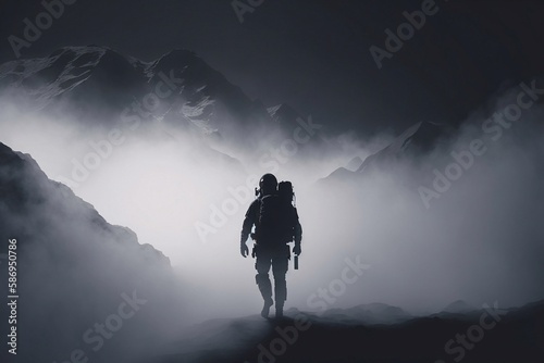 Silhouette of astronaut in the mountain dark glacial fog background. Generative AI