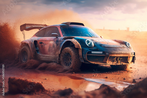 Off-road car on rally race. Generative AI © AIproduction