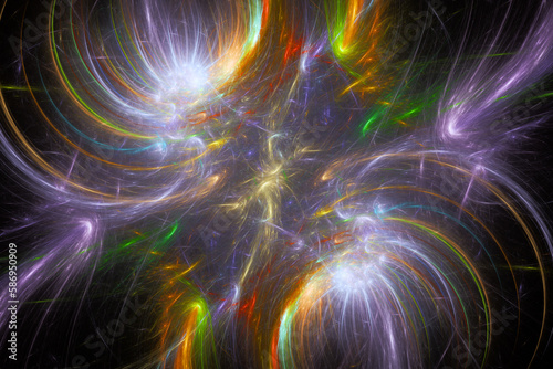 Multicolored glowing pattern of curved waves and rays on a black background. Abstract fractal 3D rendering