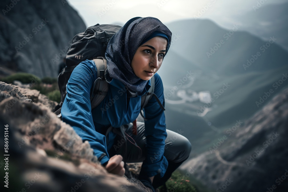 Young woman muslim climbing in mountain landscape, generative ai Young woman muslim climbing in mountain landscape, generative ai