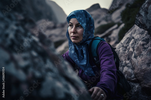 Young woman muslim climbing in mountain landscape, generative ai