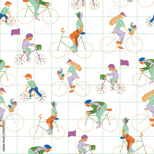 People biking seamless background pattern. Spring and summer vector pattern. photo