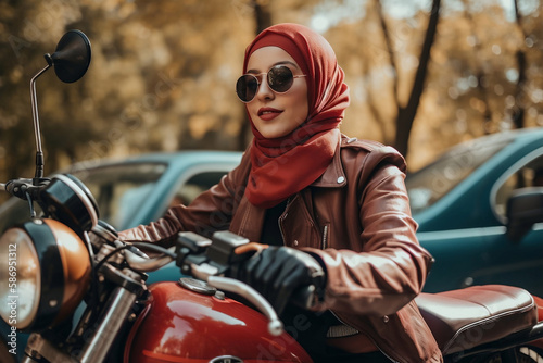 Young woman driving motorcycle, generative ai