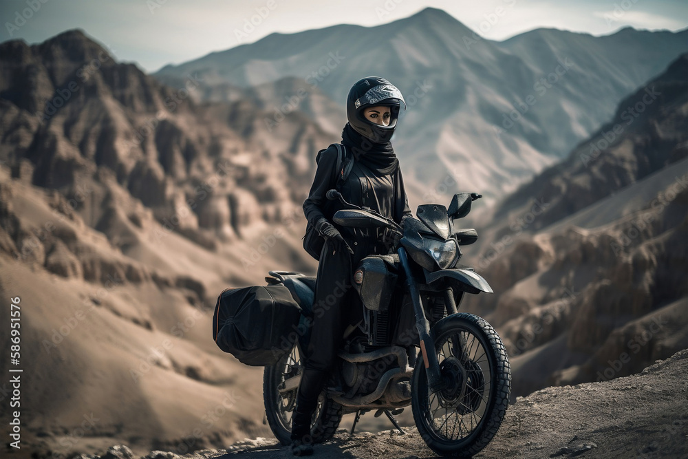 Outdoor lifestyle portrait of young muslim woman with cover up sitting on motorbike, generative ai Outdoor lifestyle portrait of young muslim woman with cover up sitting on motorbike, generative ai